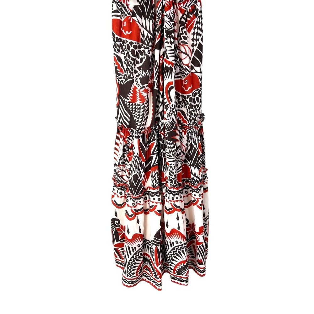 Anthropologie Brown Red White Print Tiered Short Sleeve Tiered Maxi Dress Medium - Picture 3 of 12